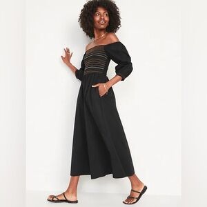 Old Navy Fit & Flare Smocked Midi Dress XXL Petite Black Cotton Puff Sleeve XXLP